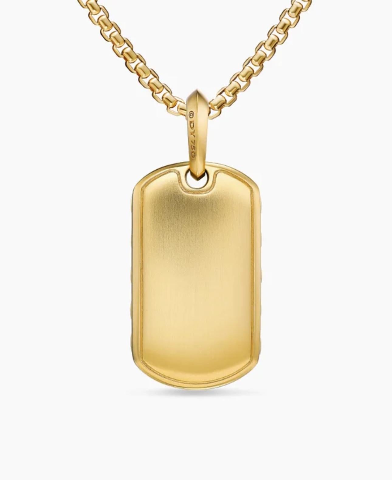 Smooth gold tag pendant back view, polished surface with rounded edges, on a link chain.
