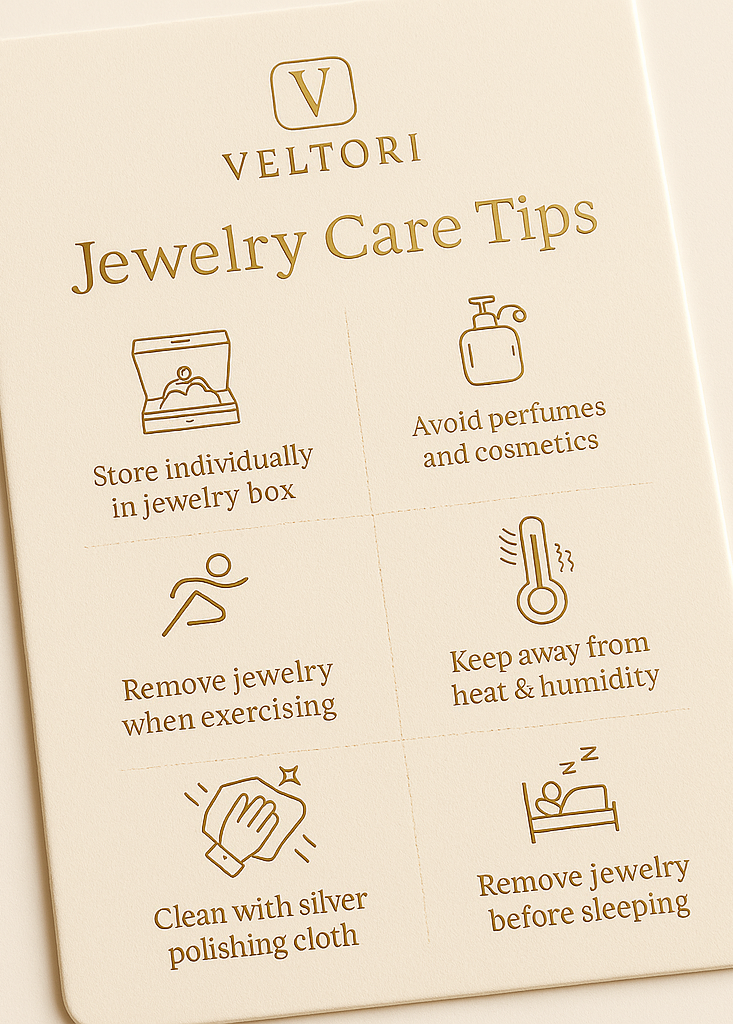 Veltori jewelry care tips card with icons on a beige background