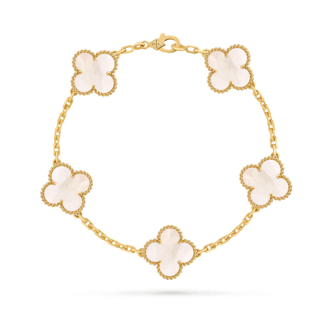 Gold bracelet with four-leaf clover charms on a white background