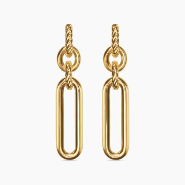Gold earrings with oval links on a white background