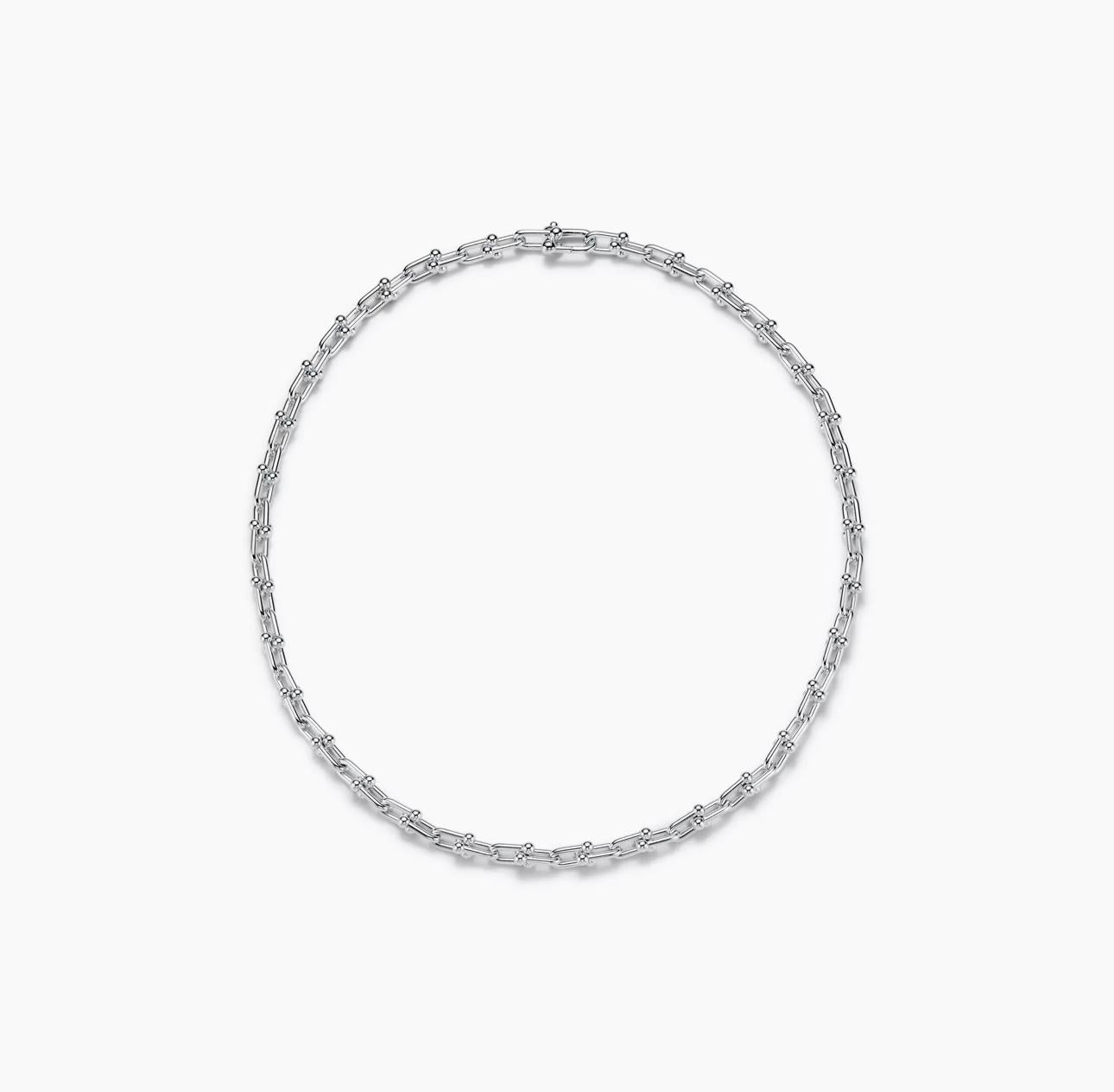 Silver chain Horsebit link design necklace on a white background