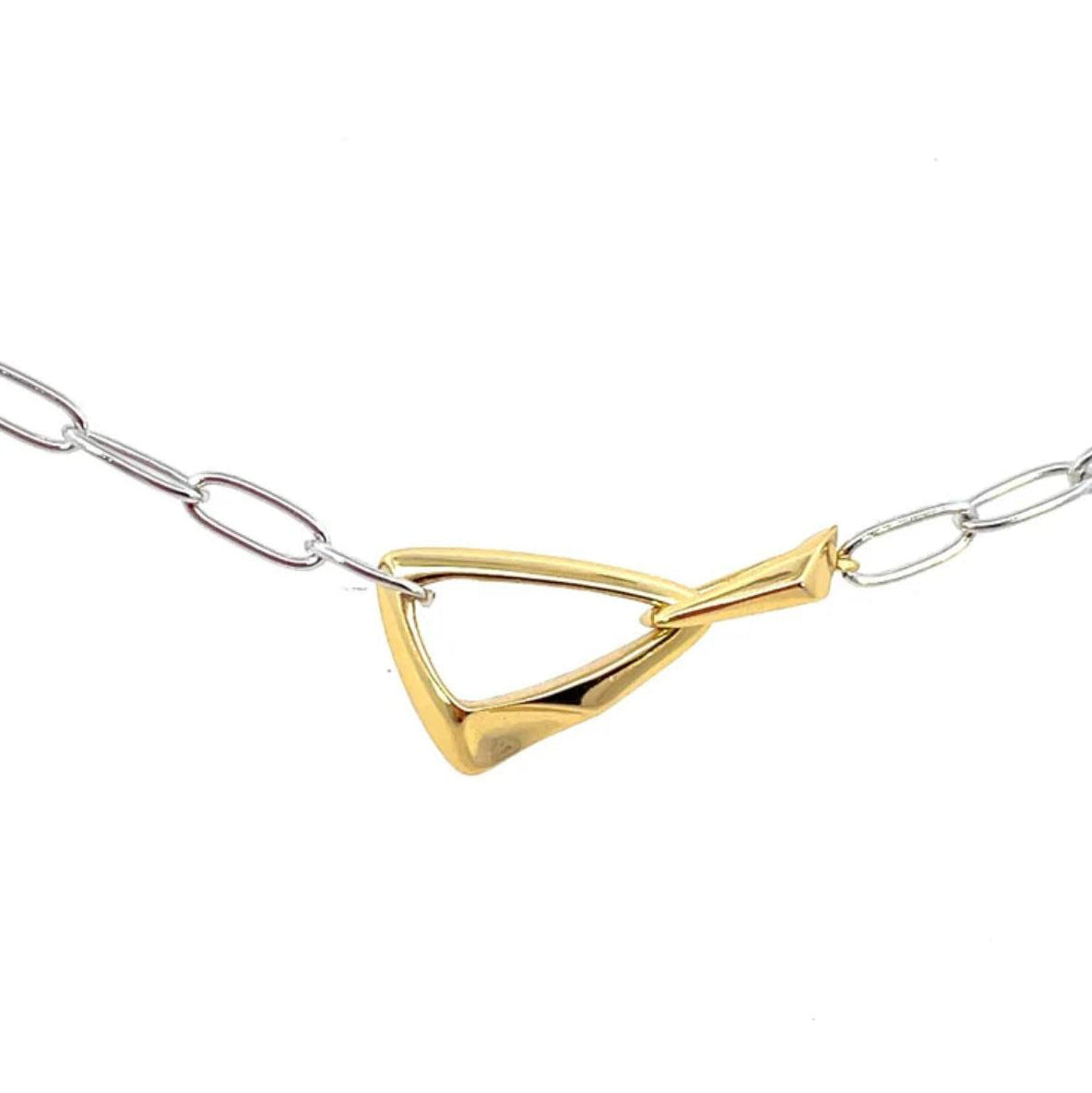 Gold and silver necklace with a unique pendant on a white background