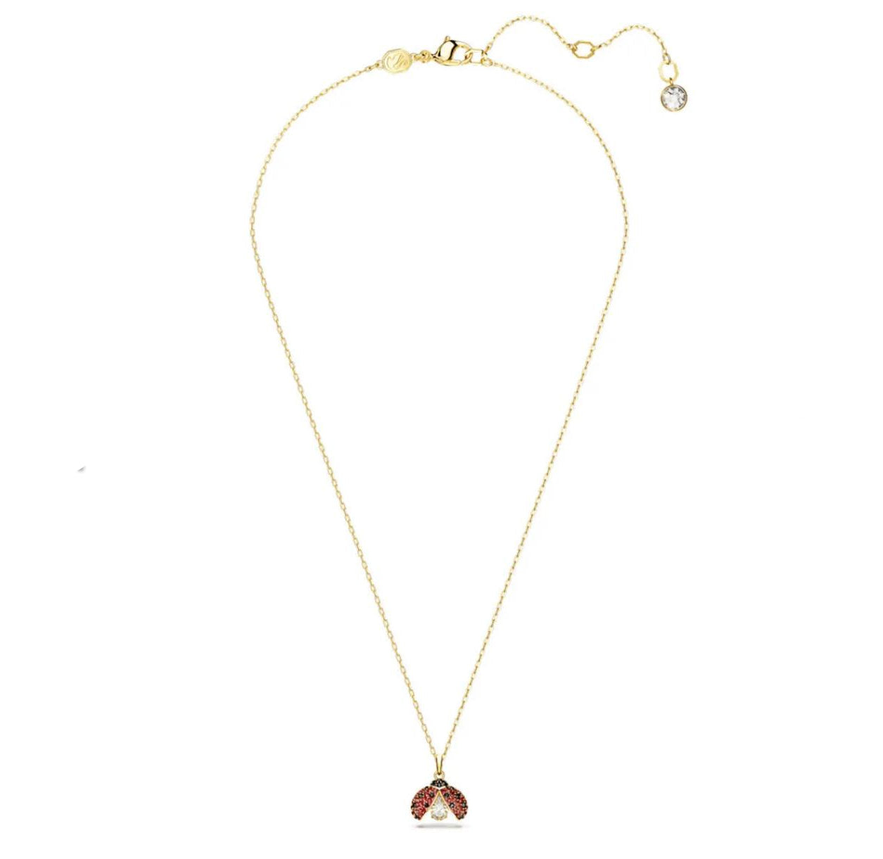 Gold necklace with ladybug motif, featuring a central zircon stone and red and white accents on a gold-tone finish on a white background