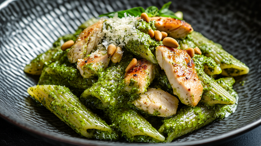 Taze fesleğenli pesto soslu ve jülyen tavuklu burgu fusilli makarna sunumu