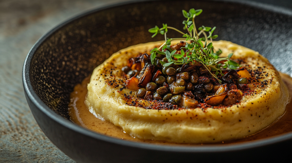 Kestane ve istiridye mantarlı mercimek shepherd's pie üzerinde fırınlanmış patates püresi gratini sunumu