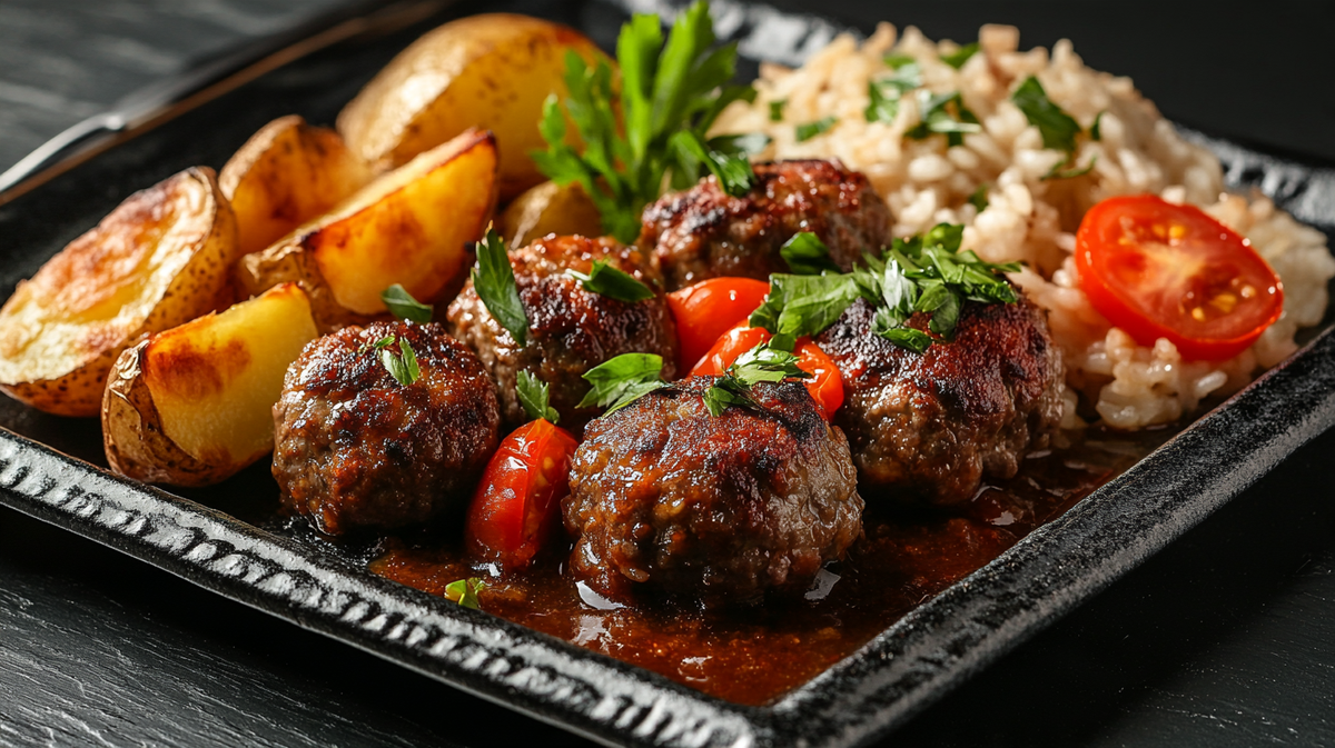 Fırınlanmış dana parmak köfte, patates elma dilimleri, köy biberi ve şehriyeli pirinç pilavı