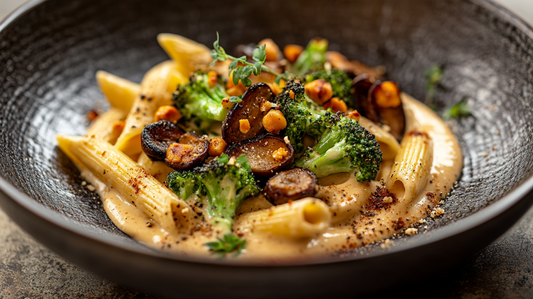 Kaju kremalı soslu fırın brokolili ve kestane mantarlı vegan penne makarna sunumu