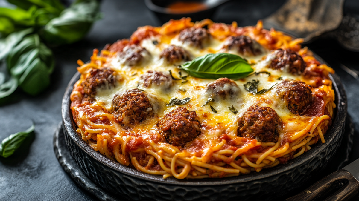 Fırınlanmış spagetti tabanı üzerinde marinara soslu dana misket köfteler ve eritme peynir
