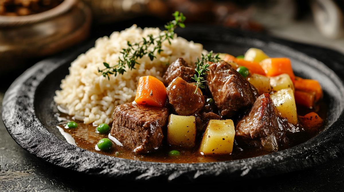 Taze bezelye ve havuçlu geleneksel dana orman kebabı ve tereyağlı baldo pilav sunumu