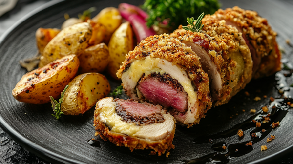 Fırında panko kaplı dana füme ve eritme peynir dolgulu tavuk cordon bleu roulade sunumu