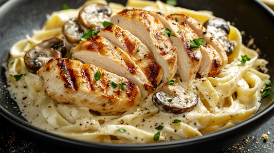 Izgara tavuk göğsü dilimleri, kültür mantarı ve parmesan kremalı fettuccine tabağı
